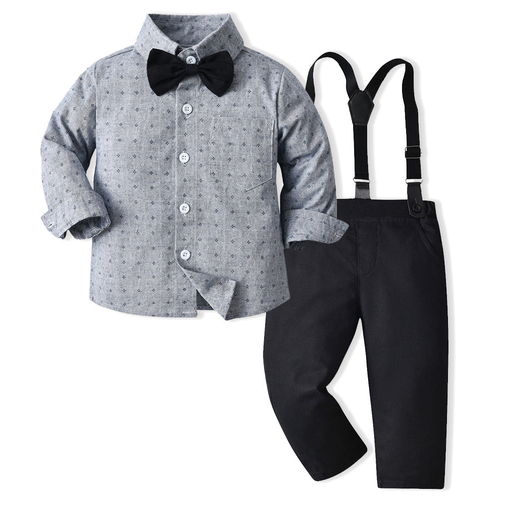 New spring korean style children's outfit: jacquard long-sleeve shirt and suspender pants set - perfect for baby's first birthday celebration