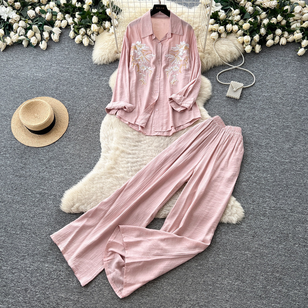 Lazy style pink embroidershirtloose pantstwo-piece set female autumlong sleevessequinwork clothingslimming lookelegantsuit