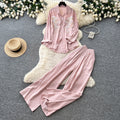 Lazy style pink embroidershirtloose pantstwo-piece set female autumlong sleevessequinwork clothingslimming lookelegantsuit
