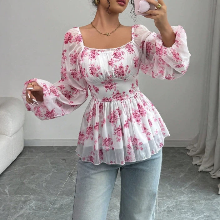 Export  cross-border women's clothing fresh and sweet fall and winter square neck puff sleeve popular floral long-sleeved tops