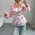 Export  cross-border women's clothing fresh and sweet fall and winter square neck puff sleeve popular floral long-sleeved tops