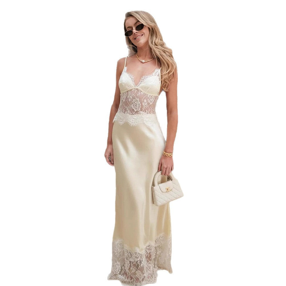 European and american spring/summer new arrivals: fashionable and elegant deep v-neck see-through backless dress, sexy spaghetti strap lace patchwork maxi dress