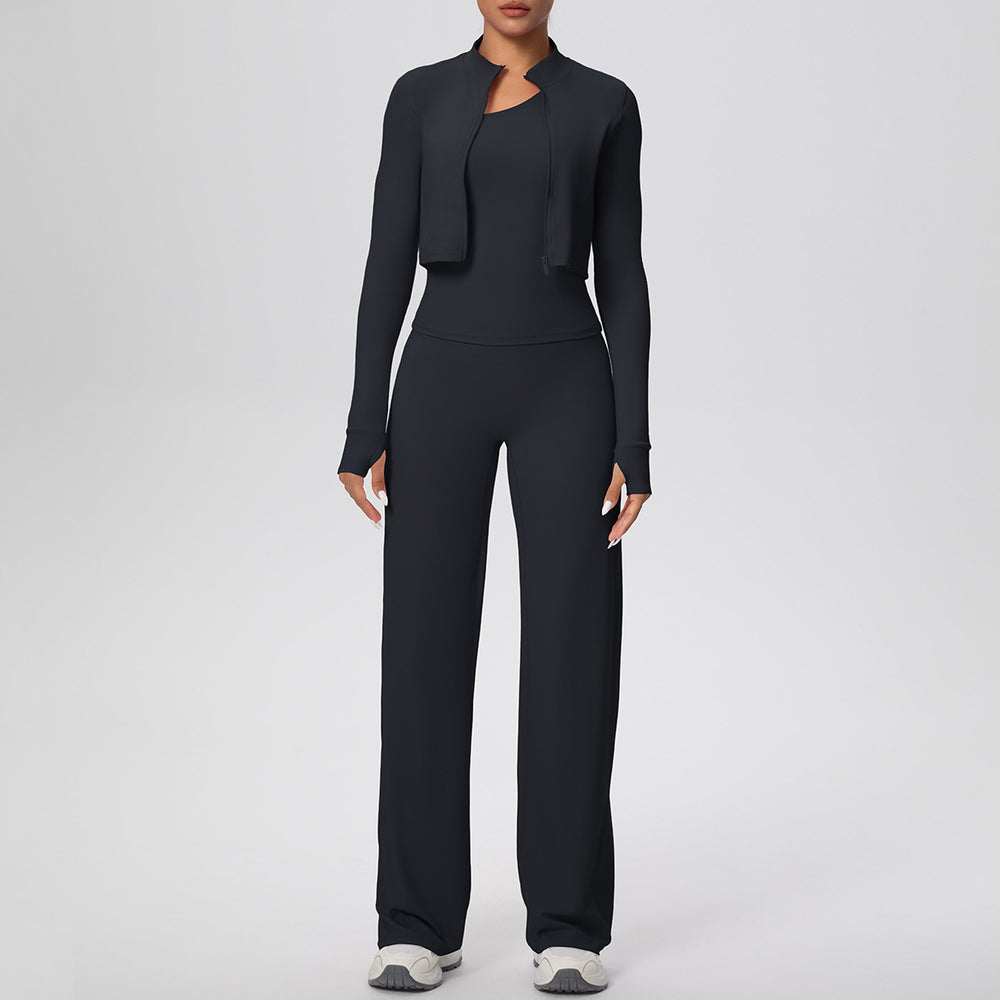 pure color brushed tight one-shoulder vest wide-leg long three-piece set sports running fitness yoga suit