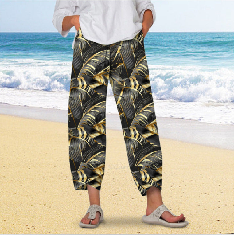 new  wide-leg pants: relaxed fit, cotton linen blend, printed, pocketed, elastic waist, cropped length - women's - in stock
