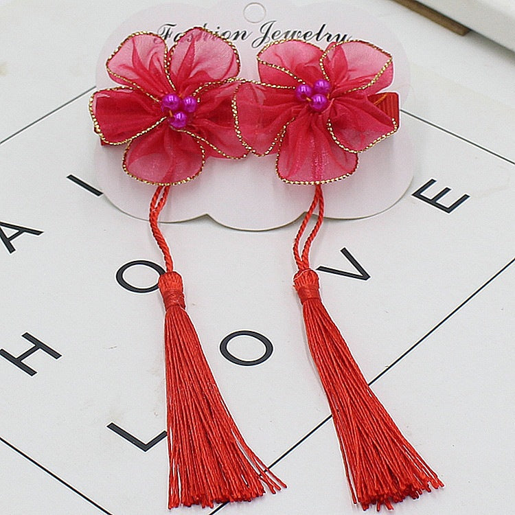 Hair accessories, hairpins, kids, girls, han dynasty accessories, gold edge tassels, costumes, ribbons, chinese style, antique style, pink