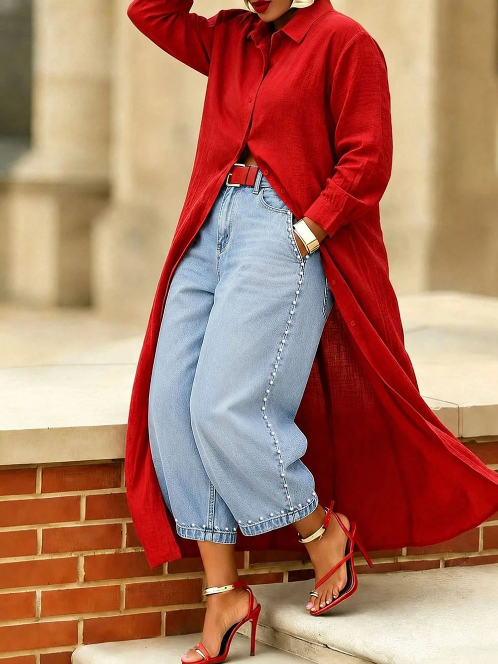 European and american style women's washed denim jeans with beaded side detailing, pearl embellished hem, vintage high-waisted wide leg jeans