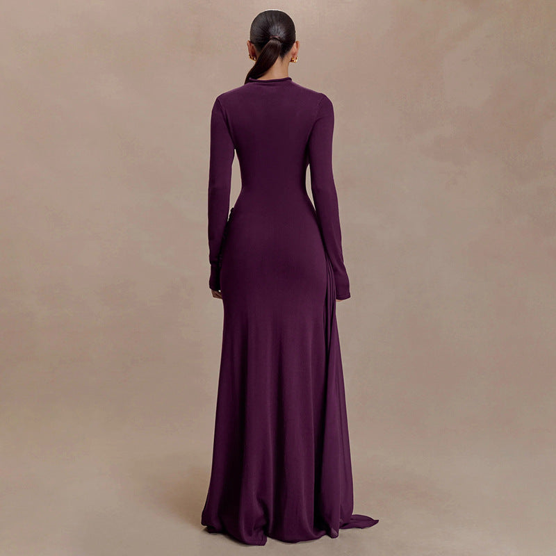 Aliexpress european and american women's winter new arrival: solid color, elegant, long-sleeved, slim-fit maxi dress with ruched detail and flowing ribbon – a touch of grace