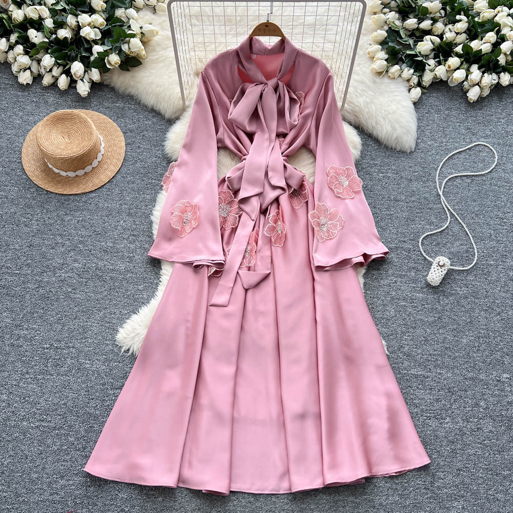 Frenchretrolong sleevesdress women's summerstereoflower tieelegant unique beautiful beautiful long skirt