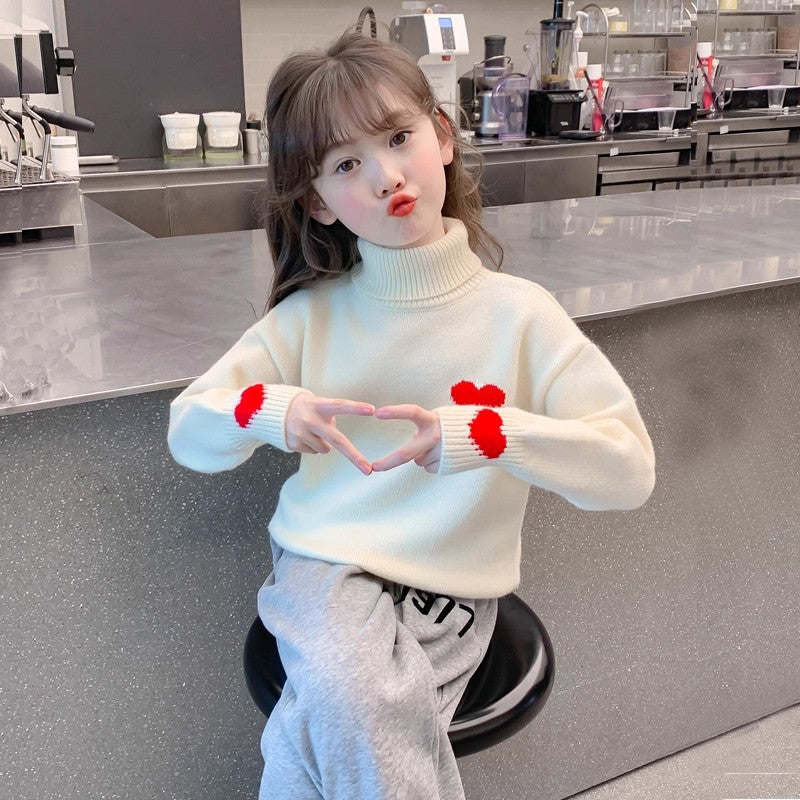 Girlsweater high collar fleece-lined winter kids heart woolentopsgirlwinterthickened bottomknitting shirt