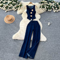 Exportelegantsense of design metal buckle round neck sleeveless vest vest + high waist wide leg pants denim suit for women