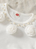 new cross-border girls' round neck floral knit top + beaded denim shorts two-piece set