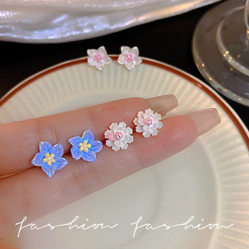 Blue camellia 925 sterling silver stud earrings - elegant, petite, sweet, exquisite floral design - new chinese style retro earrings for girls