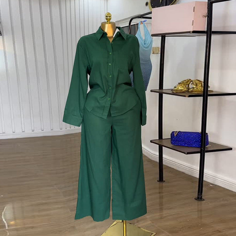 European and american cross-border women's fashion:  autumn new collection - stylish green turn-down collar long sleeve shirt and wide-leg pants casual set