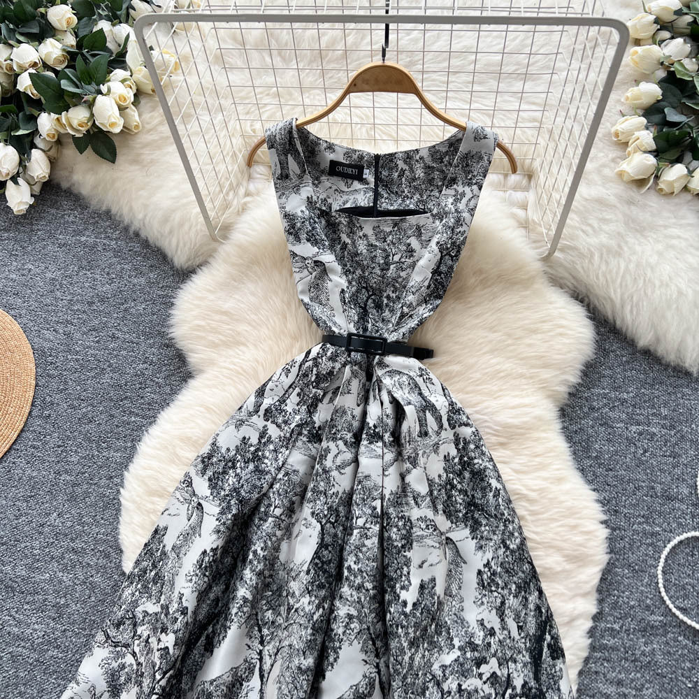 French retro high-end elegant square neck sleeveless printed dress - women's  new arrival - tie-waist maxi dress with flared skirt