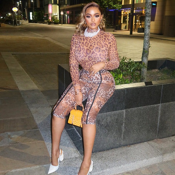 European and American style  sexy slim-fit women's clothing leopard print print micro-transparent pants set long-sleeved top leggings two-piece set