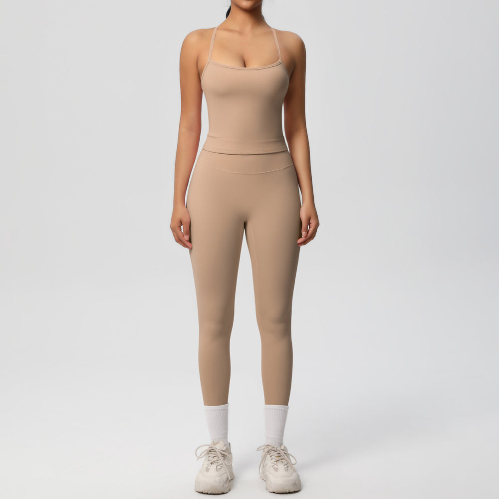 Ready-to-ship, solid color, nude-feel, double-sided brushed, racerback, form-fitting activewear yoga set – perfect for running and fitness. two-piece set