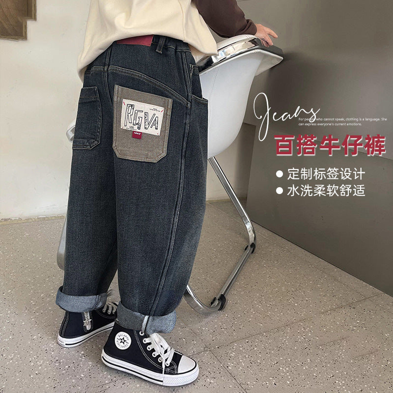 Boys' jeans spring collection - spring/autumn style  new arrival - mid-to-large size children's korean style fleece-lined thickened trousers