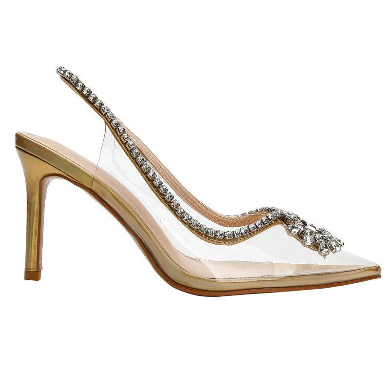 Transparent one-line high-heeled sandals niche style back empty toe high-heeled shoes women's stiletto pointed toe fashion super high heels
