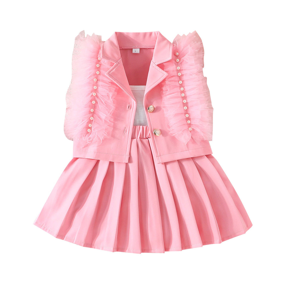summer new girls' solid color feather beaded vest and pleated skirt set - sweet and playful three-piece outfit