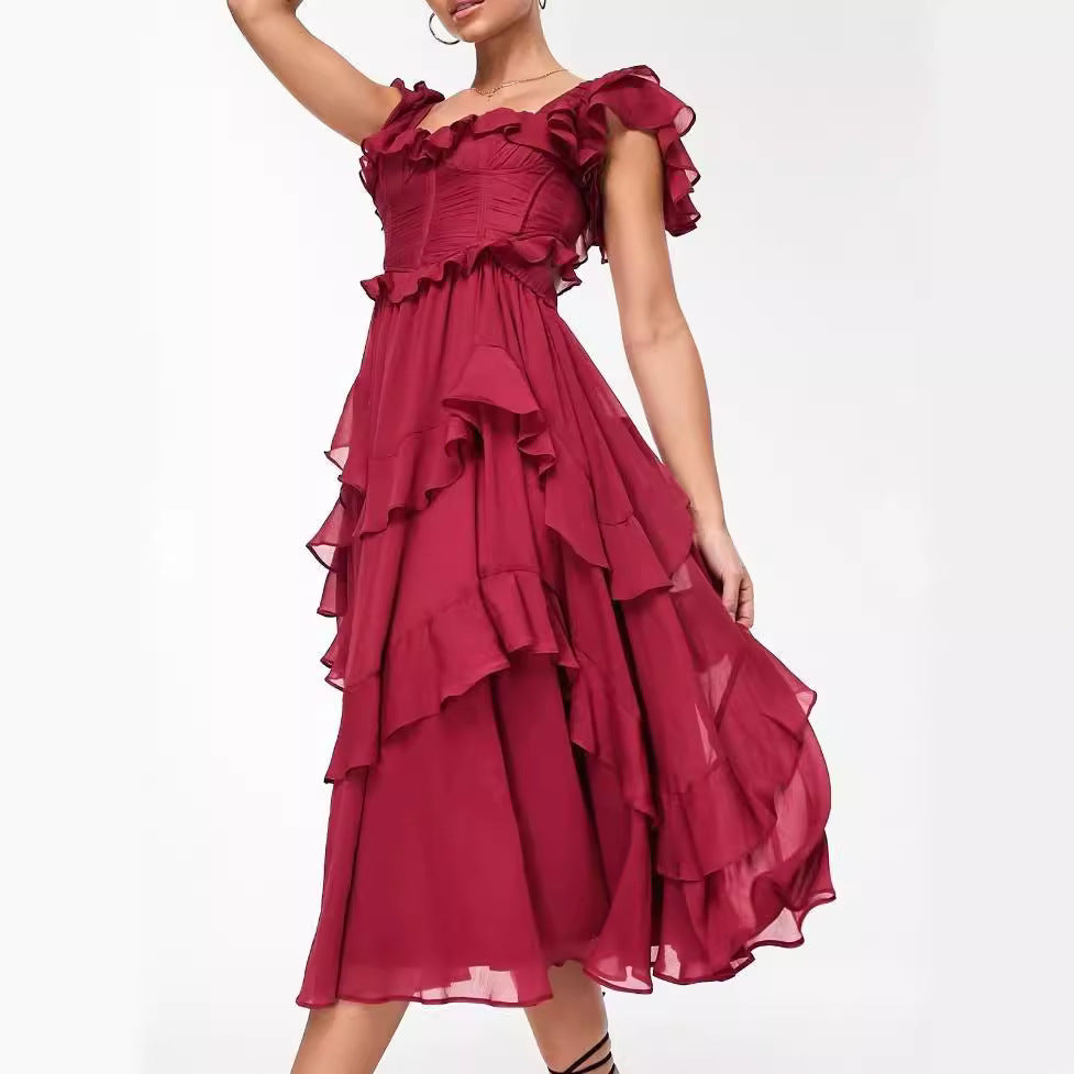 2025 new european and american style formal dress vacation dress lace backless cutout cake dress ruffle pleated maxi dress