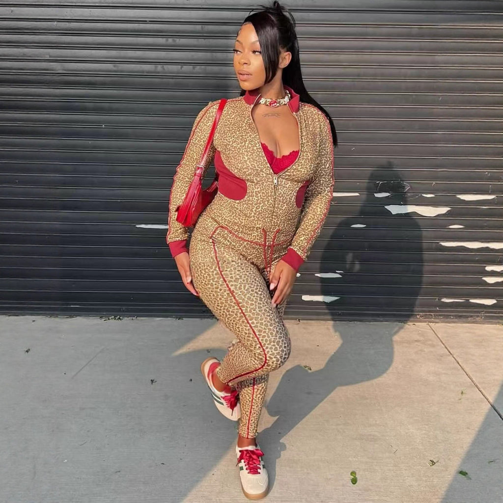 Europe and the United States  2025 new women's clothing leopard print contrasting color long-sleeved zipper cardigan drawstring trousers two-piece set