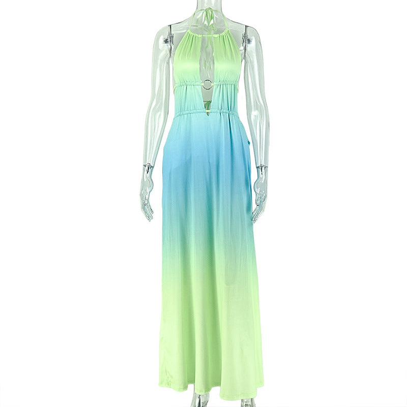 European and american style cross-border women's clothing - gradient color block tie-waist bodycon dress with open back, party wrap, halter neck maxi dress