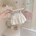 Girls' summer outfit set: new sweet pink lace short-sleeve top and tulip pants two-piece cotton set for baby girls