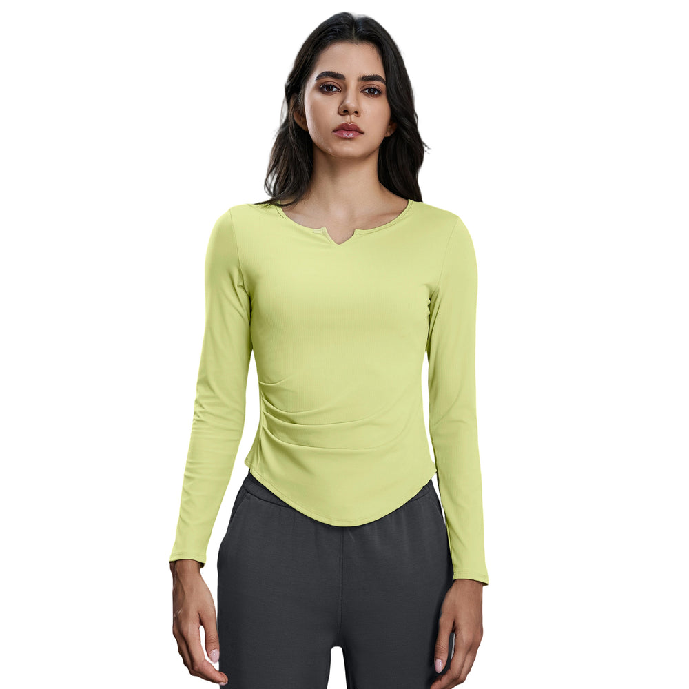 Women's v-neck stretch slim-fit yoga top for autumn - includes bra pads, long sleeve fitness t-shirt d25175