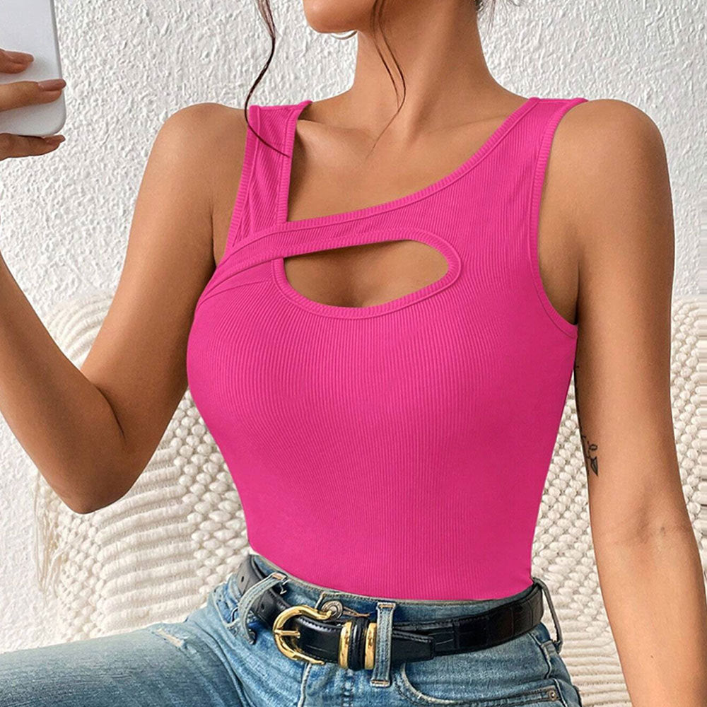 european and american women's clothing  new slim-fit sexy knitted solid color cutout tank top t-shirt - versatile and chic top