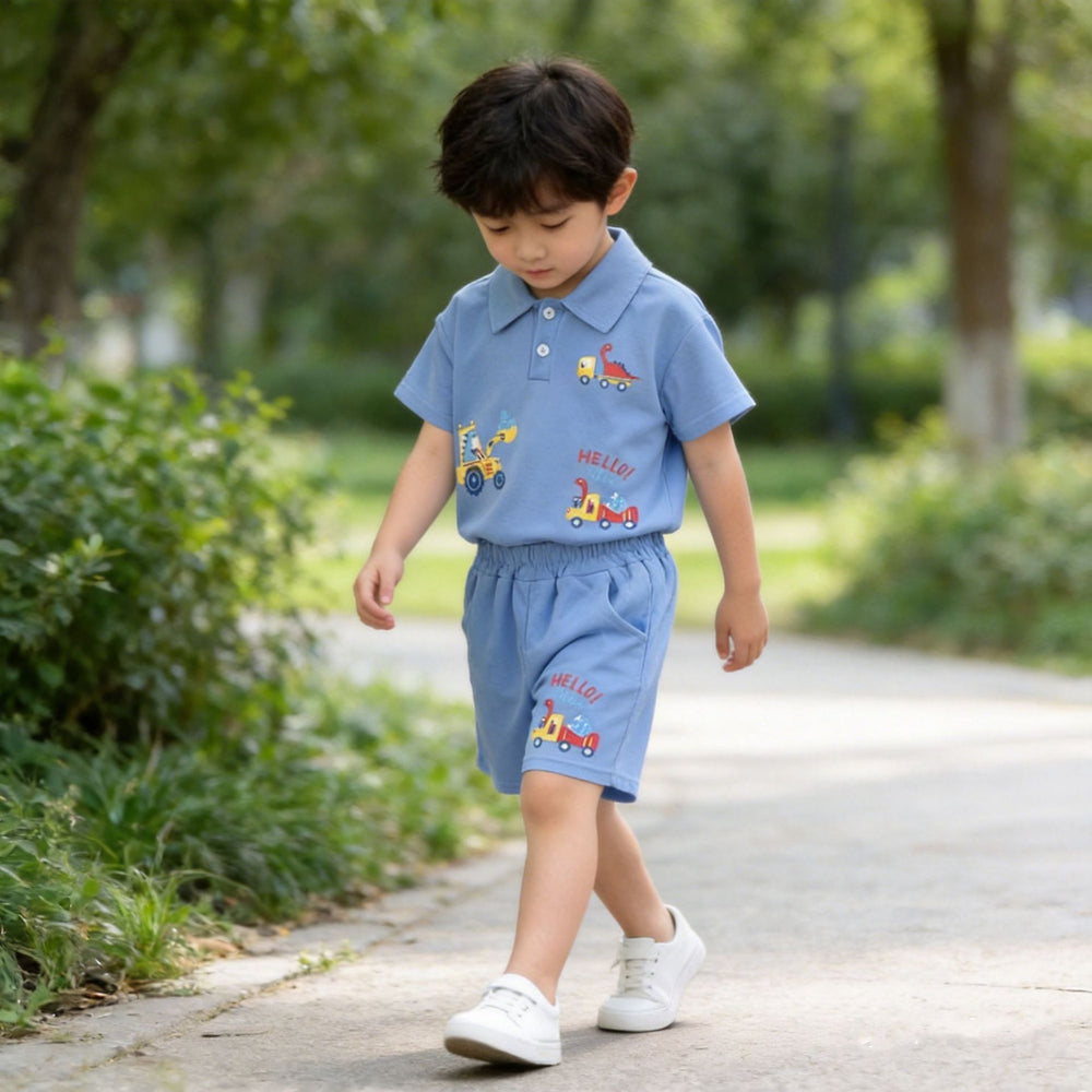 Kids' polo shirt and shorts set - new cotton cartoon car design - boys' solid color top and pants wholesale