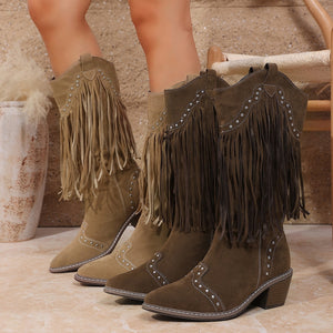 new pointed-toe rivet mid-heel v-cut knight boots - autumn retro cross-border chunky heel plus size high boots for women