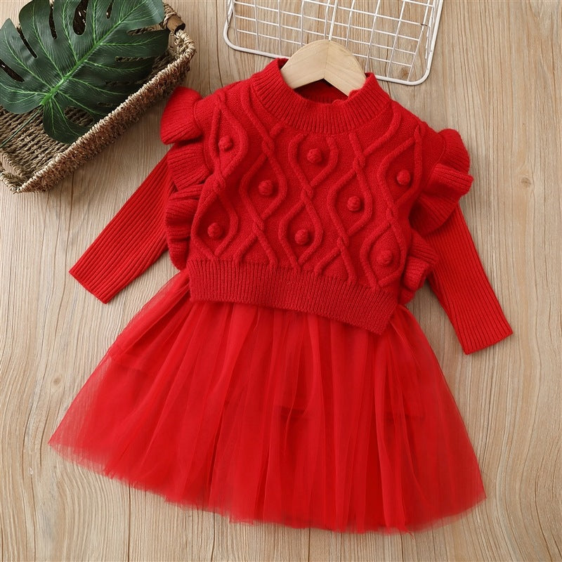 Winter kids' sweater dress set: girls' princess dress with vest - two-piece outfit for baby girls, princess style