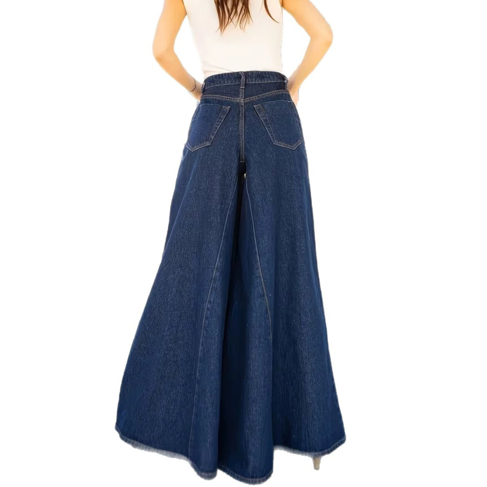Fashionjeans women's retro dark blue split topstitch wide-leg pants high waist drapedloosemop pants