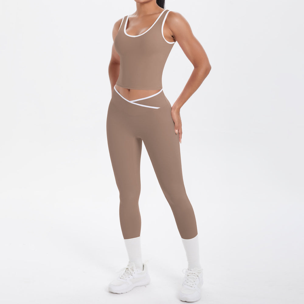 new arrival: double-sided brushed fleece color block compression yoga set - breathable, cross-back design, perfect for running and fitness (two-piece set)