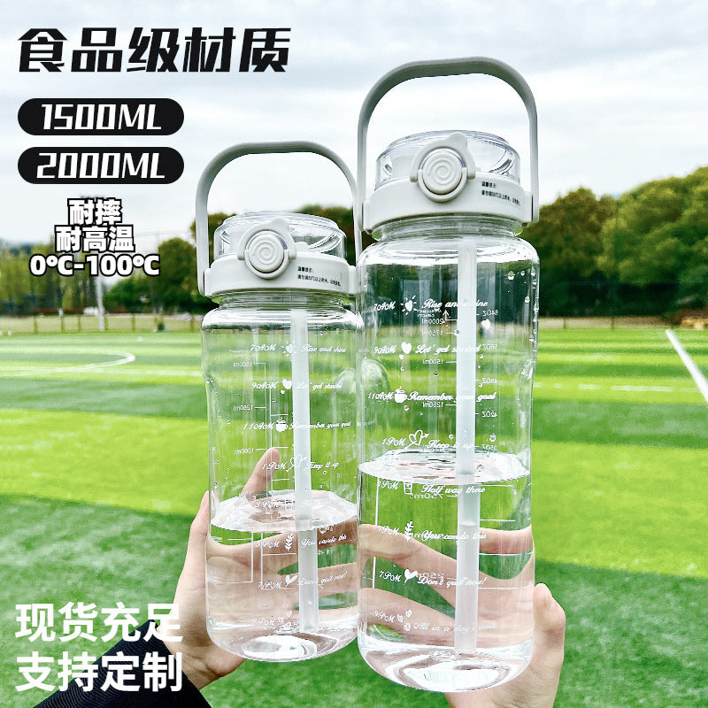 Double drinking large capacity water cup kettle sports 2000ml scale plastic straw cup high temperature resistant water bottle for men and women