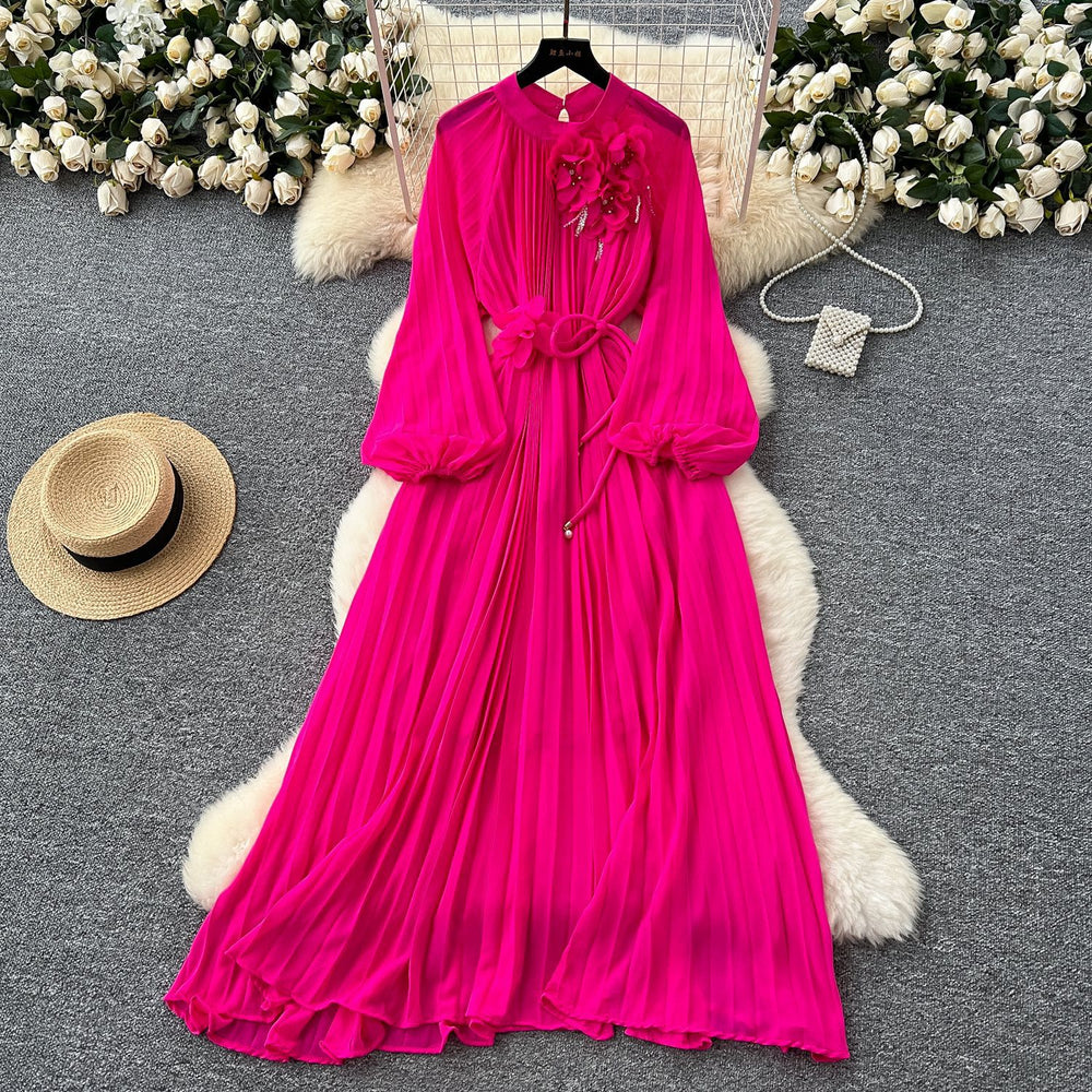 Frenchclassyelegancedress women's heavy industry beading stereo flower strap waist draped large swing pleated long skirt