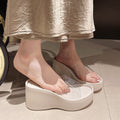 Height increasing thick sole half slippers high heel sandals new arrival women's shoes crystal wedge transparent one-line slippers women