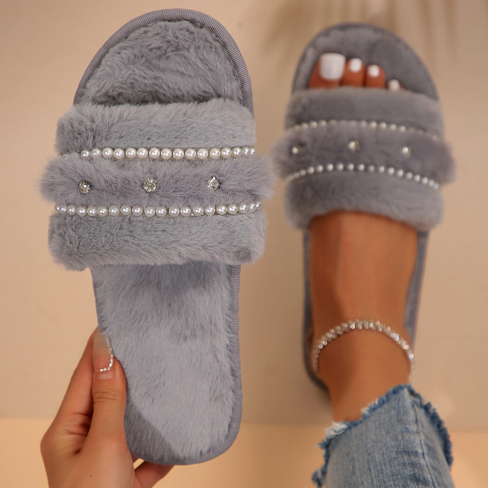 temu shein one-word plush big hit european and american fur rhinestone cotton slippers women's fur cotton slippers women