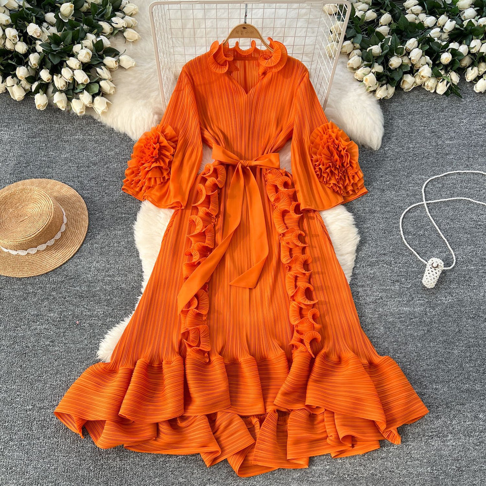 Miya european and american style dress - women's spring collection - high-end, 3d floral design, tie-waist, ruffle hem, pleated maxi dress