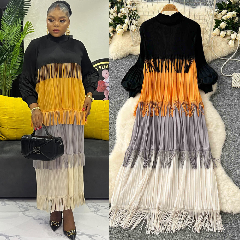 Miura european and american fashion dress women's  spring high-end lantern sleeve loose slimming color block tassel maxi dress