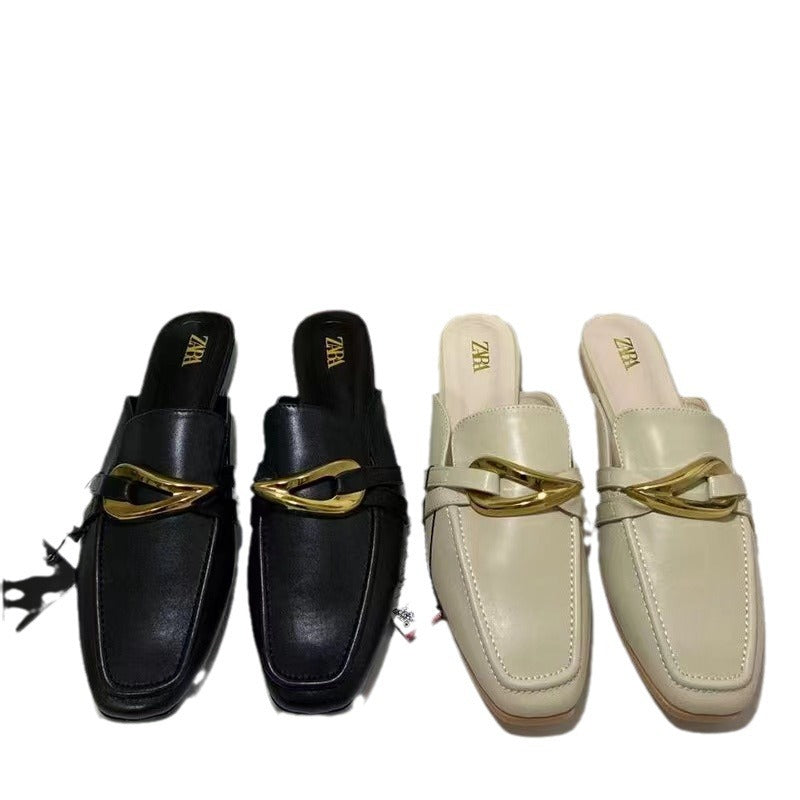 2024 spring new tr women's shoes white metal decoration detail slingback boat shoes round toe half slippers flats shoes