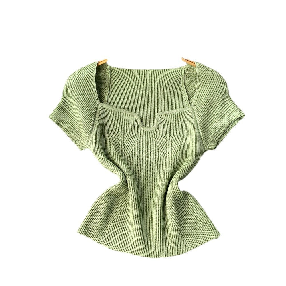 Summer hot girl style short t-shirt short sleeve sense of designniche style square neck heart exposed collarbone exposed navel knitting shirttops women