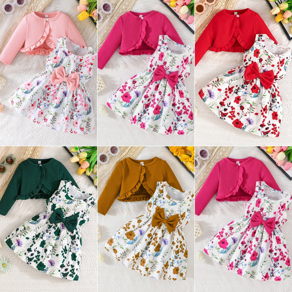 foreign trade exclusive solid color shrug and sleeveless dress butterfly embellished printed dress set