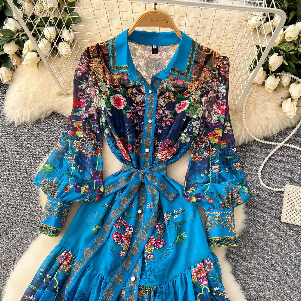 European and american style court dress - women's vintage print, slimming waist, elegant print, pleated chiffon maxi dress
