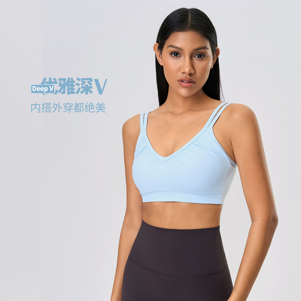 Naked feeling beautiful back breathable sports intimates women's bubble wrap anti-sagging deep v semi-fixed cup yoga bra d25053