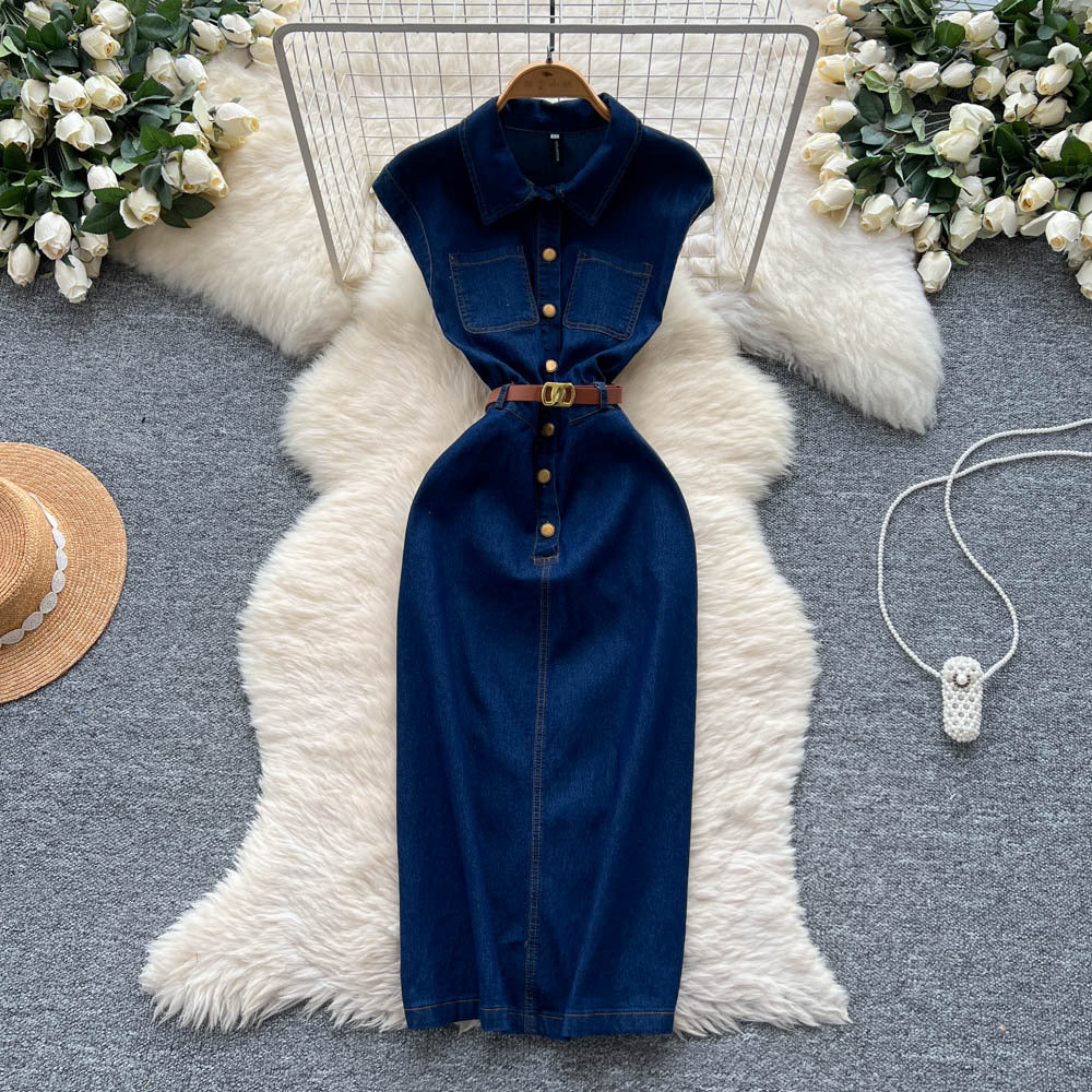 French chic, minimalist polo collar denim dress with metal buckle detail: sleeveless, fitted, bodycon midi dress