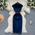 French chic, minimalist polo collar denim dress with metal buckle detail: sleeveless, fitted, bodycon midi dress