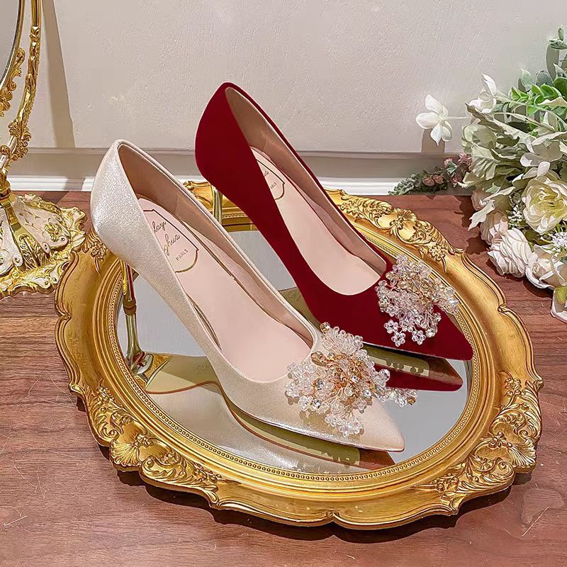 Wedding shoes women's 2025 new arrival stiletto heel bridal shoes pointed toe red wedding dress toasting high heels