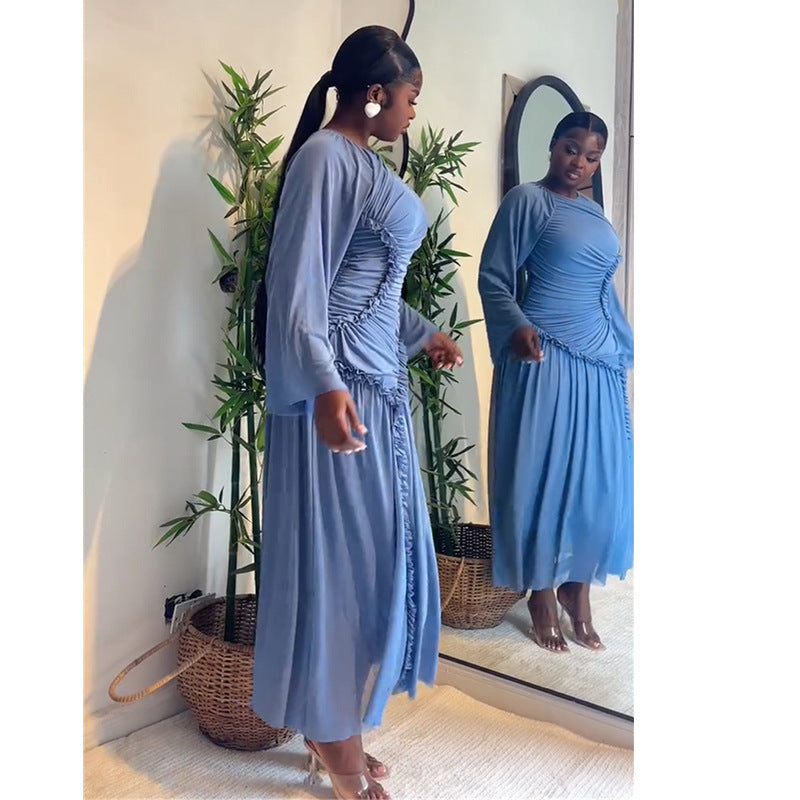 European and american women's clothing  autumn new sweet and fresh round neck long sleeve high waist slimming a-line maxi dress