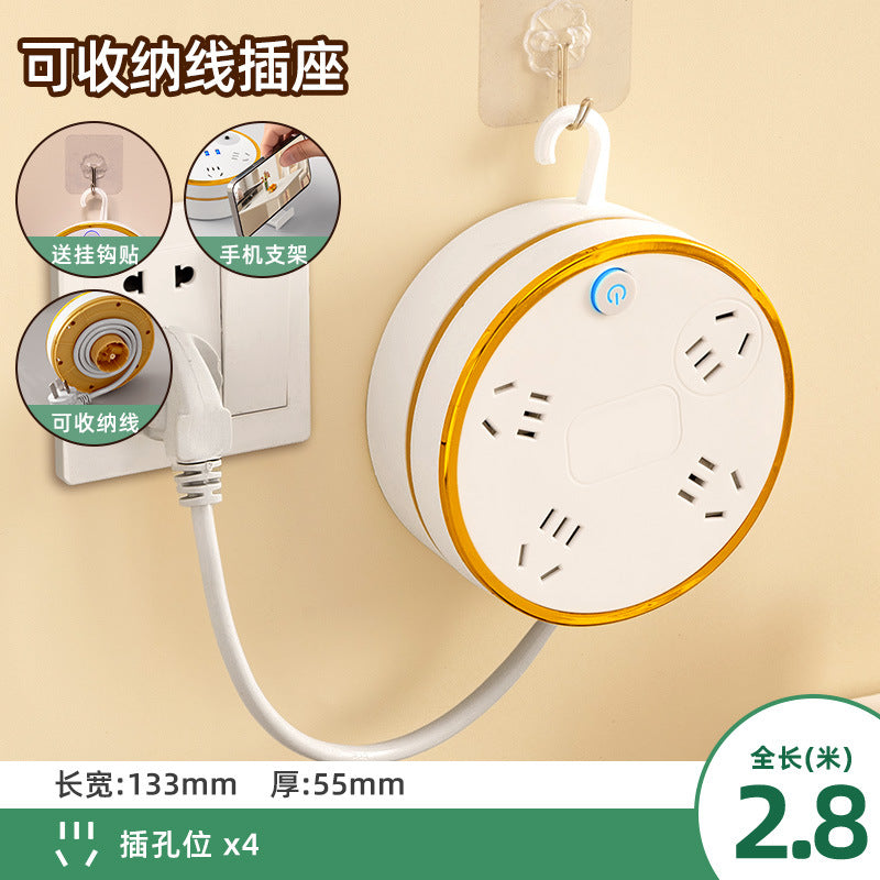 Retractable power strip with usb ports, cord management panel, multi-outlet socket, and built-in cable – ideal for home, dorm, and office use